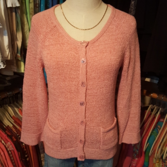 VILLAGER  ♡ Gorgeous Vintage Soft Pink 3/4 Length Button Down Cardigan Sweater S - Picture 1 of 14